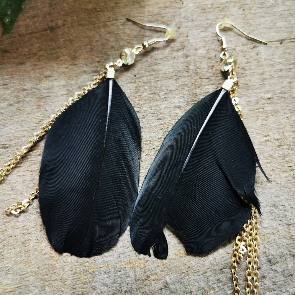 Black Feather and Gold Tone Chain with Rhinestone Pierced Earrings
